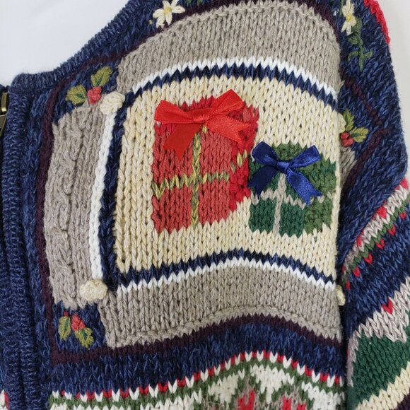 Heirloom Collectibles Christmas Sweater Large 3D Tree Poinsettias Full Zip VTG - Picture 3 of 10